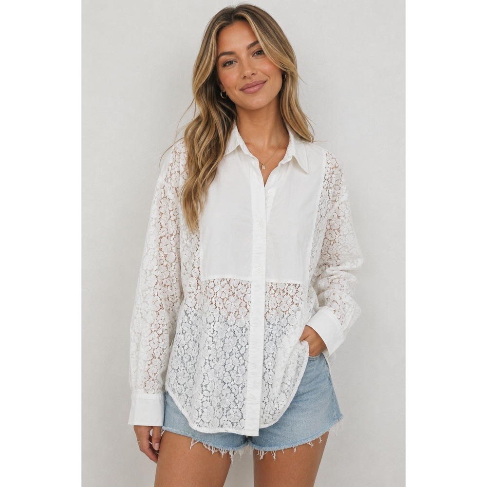 GAP Big Shirt Floral Lace Oversized Button Down Blouse White L S/792325-00
